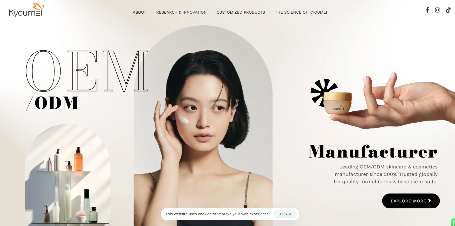 Kyoumei branded jar held by hand, with shelves of skincare bottles and large text reading OEM/ODM. Website navigation and contacts visible.